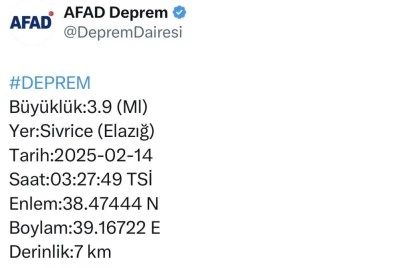 SON DAKİKA: Elazığ’da 3.9 büyüklüğünde deprem  